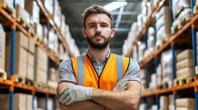 warehouse staff member wearing gloves and protective vest stands confidently with arms crossed in storage facility filled with boxes. atmosphere conveys professionalism and readiness