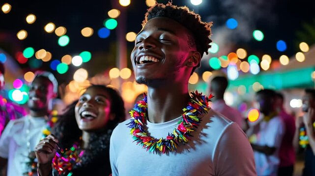 Youth enjoying a festival with friends under dazzling lights