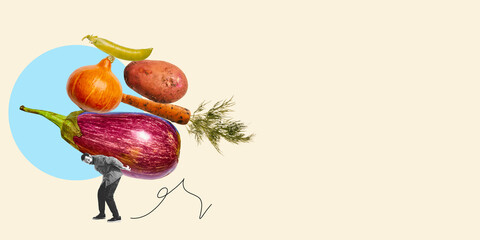 Man carrying on his back stacked vegetables including eggplant, carrot, onion. Art collage. Concept of harvest, rural farming, nature, gardening surrealism, seasonal abundance. Photocopy effect.