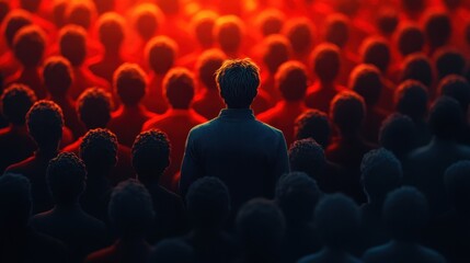 Back view of lone adult among crowd in dramatic red lighting