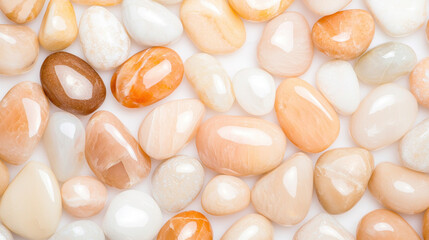 Polished natural river stones with smooth sheen in various shades of peach, cream, and light orange create calming and serene atmosphere. These stones are perfect for decorative purposes