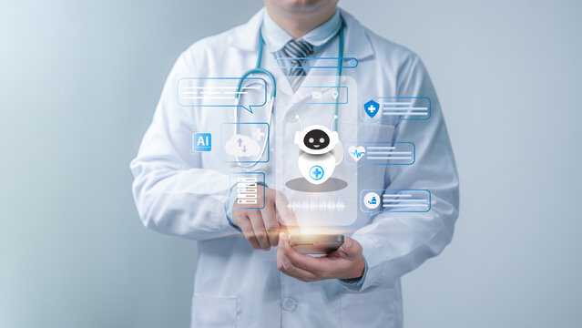 Healthcare Chatbot and Medical technology concept. A doctor using a smartphone with AI-powered healthcare chatbot icons, representing medical assistance, health monitoring. AI Deep Learning. LLM.