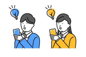 スマホを見てアイデアを思いつく男性と女性のイメージイラスト