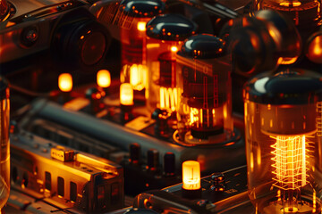 Vintage glowing vacuum tubes in a detailed electronic circuit board.