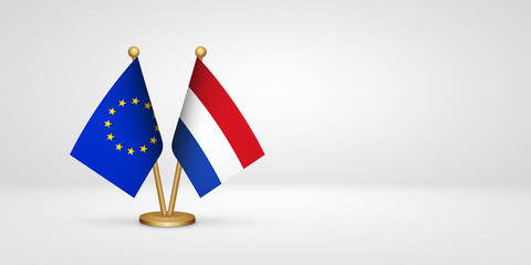EU vs Netherlands desk flags mockup 3d illustration. Versus flag of European Union
