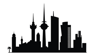 Fototapeta premium Kuwait City Skyline Silhouette, Vector, Icon, Logo, White Background.