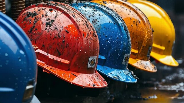 Colorful Helmets: A row of vibrant construction helmets stands, showcasing the safety equipment used in the building trade, with a focus on the tools and the diverse colors.
