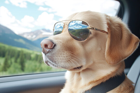 stylish Labrador wearing sunglasses enjoys scenic car ride, gazing out window at beautiful landscape. dog relaxed demeanor adds fun and cheerful vibe to journey