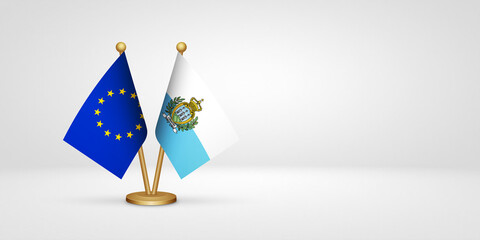 EU vs San Marino desk flags mockup 3d illustration. Versus flag of European Union