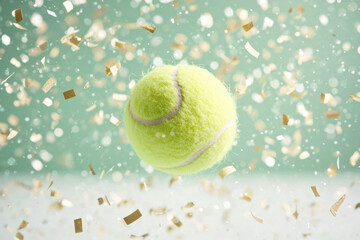 vibrant tennis ball sharp focus is surrounded by shower of golden confetti, creating festive atmosphere. bright yellow color of ball contrasts beautifully with soft background, evoking sense