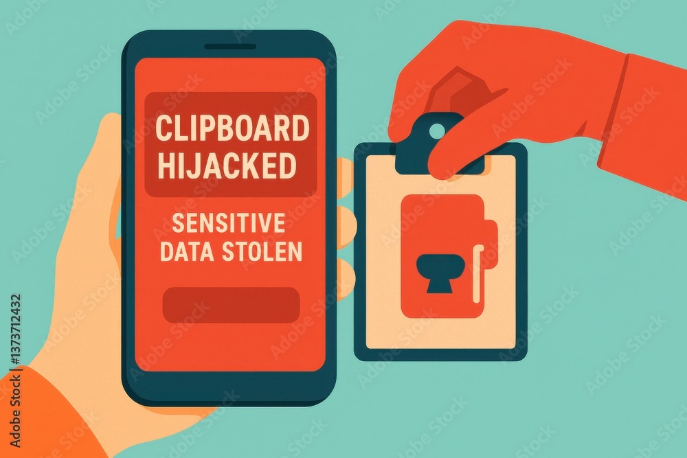 Aufkleber a conceptual illustration depicting the concept of clipboard hijacking with a mobile phone showing a