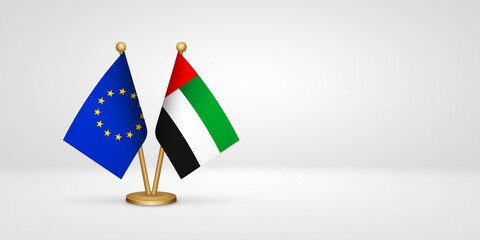 EU vs UAE united arab emirates desk flags mockup 3d illustration. Versus flag of European Union