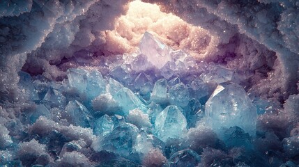 A mystical crystal cave, where luminescent blue and violet crystals grow from the rocky walls, casting a magical glow that illuminates the underground chamber. 
