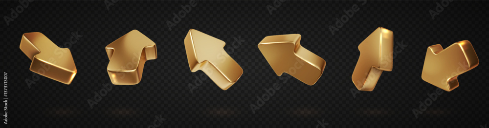 Poster gold 3d arrow set isolated. realistic click cursor icon. mouse arrows pointing in different directio
