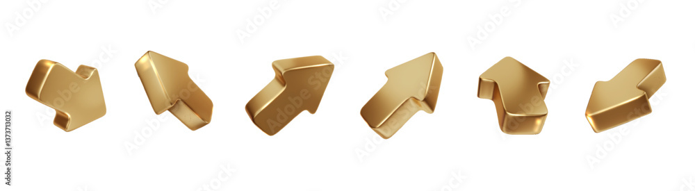 Poster gold vector realistic arrows. shiny 3d click cursor icon isolated. metal luxury arrows pointing diff
