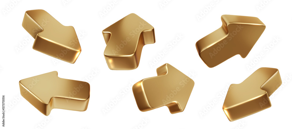 Poster gold 3d arrows pointing in different directions. golden arrow cursors set isolated. realistic 3d vec