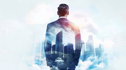 A man is standing in front of a city skyline with a cloudy sky. The man is wearing a suit and tie. Concept of professionalism and sophistication