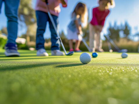 Children putting golf balls on holiday 