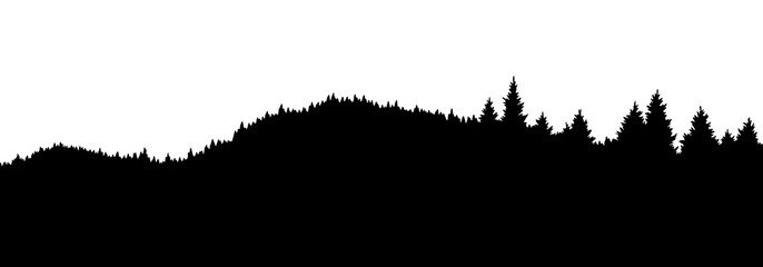 Mountains silhouettes landscape background. Rocky panorama with mountains skyline and pine tree forest. Scenery with slopes, vector cartoon illustration