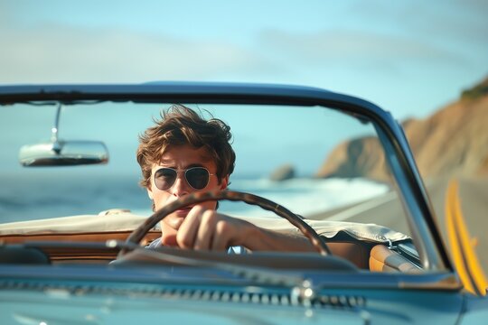 A stylish man driving a classic convertible along a coastal highway, enjoying the scenic views and sunshine.