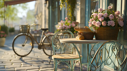 Charming outdoor cafe scene with flowers, bread, and a vintage bicycle evokes a sense of European tranquility.