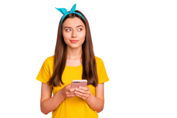 Portrait of dreamy youth with blue headband hold modern technology have thoughts wear yellow t-shirt isolated over pink background