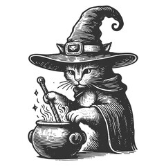 Witch Cat Stirring Potion in Cauldron raster