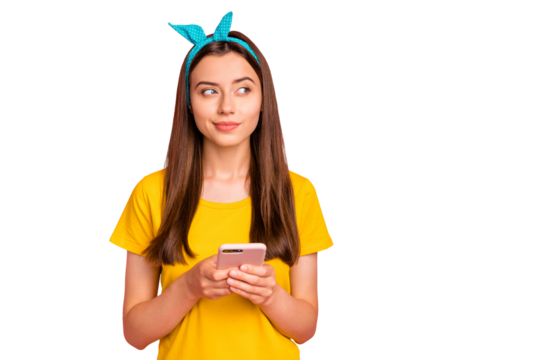 Portrait of dreamy youth with blue headband hold modern technology have thoughts wear yellow t-shirt isolated over pink background