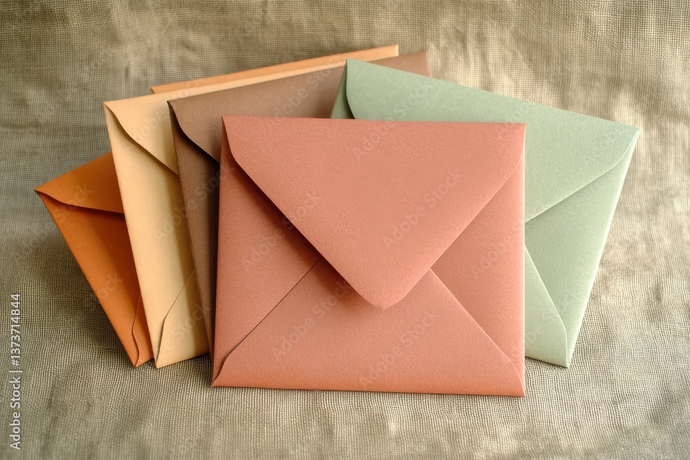 Poster colorful envelopes arranged on a textured surface in soft lighting suitable for stationery enthusias