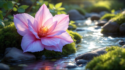 Pink flower by the stream on the stone
