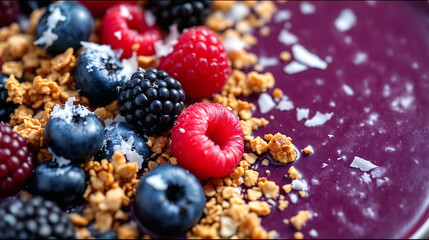 Muesli with fresh berries: raspberry, currant, and blackberry on a purple plate