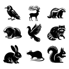 Set of wild animal silhouettes isolated on white background. Vector illustration.