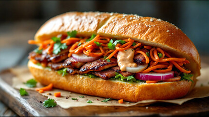 Delicious hot dog bun with grilled meat and pickled carrots
