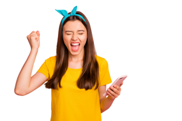 Portrait of delighted youth with closed eyes raising fist screaming yeah wearing yellow t-shirt isolated over pink background
