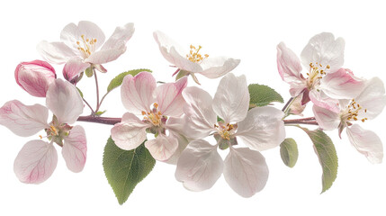 Fototapeta premium Blossom flower concept. A close up image showcasing a beautiful arrangement of delicate pink and white spring flowers blooming on a branch with green leaves