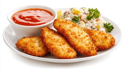 Delicious Breaded Fish Fingers Served with Creamy Potato Salad and Tomato Sauce