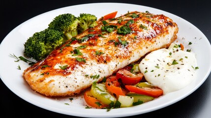 Delicious Pan Seared Fish Fillet with Roasted Vegetables and Creamy Poached Egg