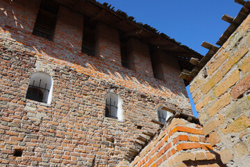 Lubart's Castle, Lutsk, Ukraine. Towers, defensive walls, wooden galleries and stairs, inner courtyard