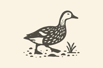 Hand-drawn monochrome line art of a walking duck in a minimalist style