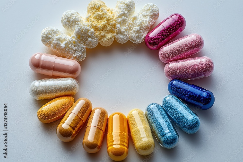 Poster colorful assortment of capsules and powders arranged in a circular pattern on a white background sho