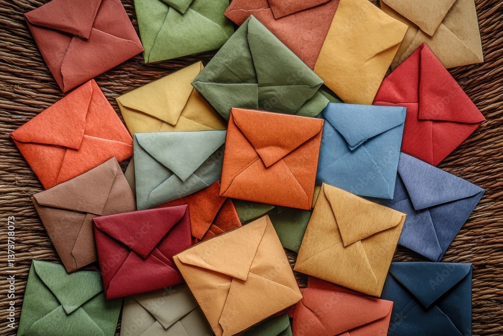 Poster Collection of colorful envelopes arranged on a textured surface in a creative display