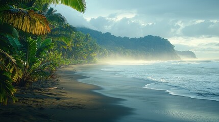 A tropical scene, where waves crash against golden sands, while lush green palm trees sway in the breeze, offering a picturesque backdrop of serenity and relaxation. 
