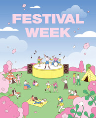 Cherry blossom season festival illustration with people enjoying picnic and live concert in a pink spring landscape.