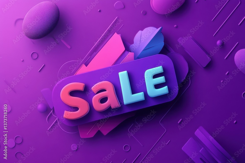 Poster colorful sale announcement displayed on a vibrant purple backdrop with abstract shapes and textures 