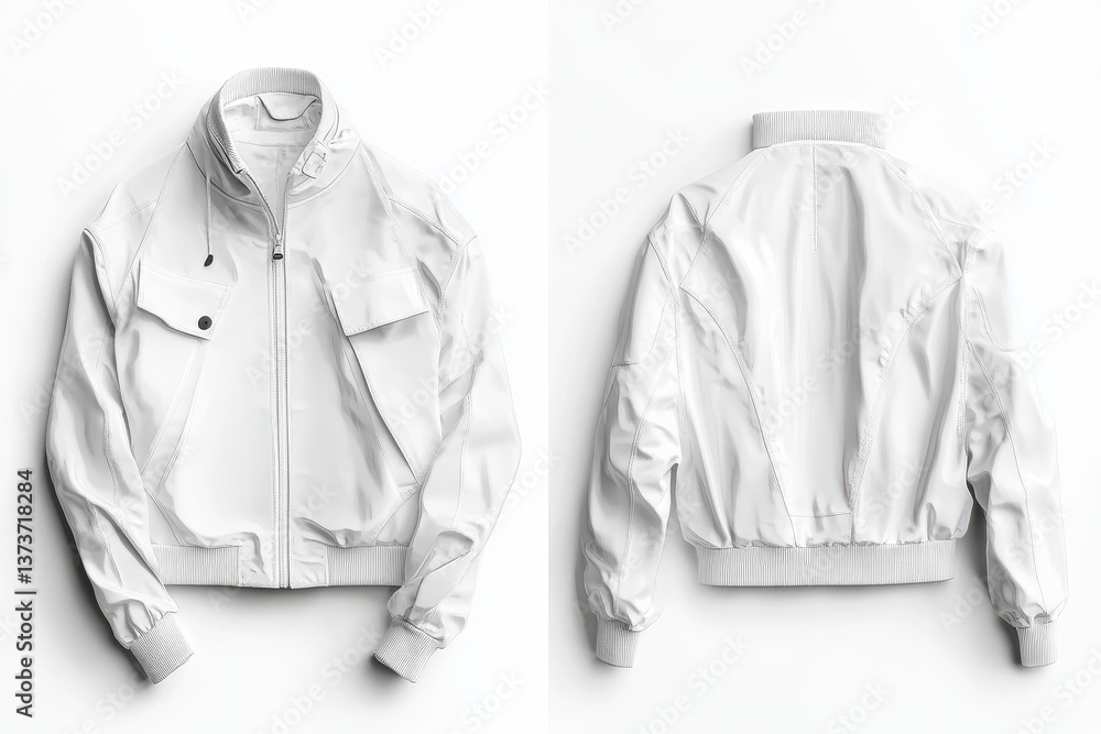 Poster stylish white jacket on white background showcasing front and back design with functional pockets an