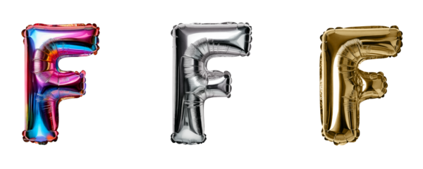 Ai Generated Set of Holographic Gold and Silver Metallic Foil Capital F Inflated Balloon Letters against Transparent Background