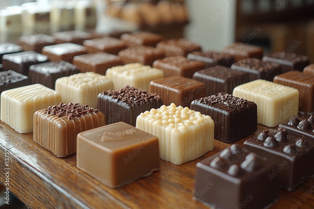 Poster Assorted handmade chocolates displayed on a wooden table at a local confectionery shop in the afternoon light