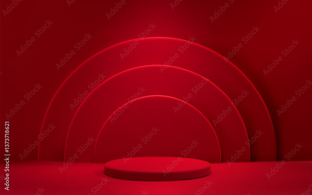 Aufkleber 3d abstract red scene background with podium and spotlight. empty realistic room with platform. prod