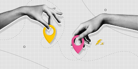 Trendy Halftone Collage Two Hands holding location pins. Delivery route. Travel way and find trip. GPS point navigation. Transport logistic. Position element. Contemporary vector illustration art
