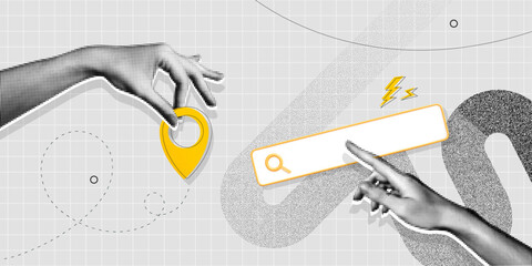 Trendy Halftone Collage with Hand holding pin location and search bar. Contemporary art with position element. Package tracking. Travel way and find trip. Transport logistic. Vector illustration